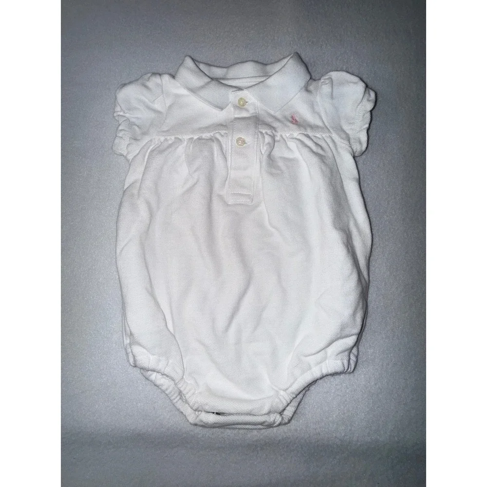 Ralph Lauren Polo Romper Baby Girl 6M White Short Sleeve‎ Cotton Pique Bodysuit